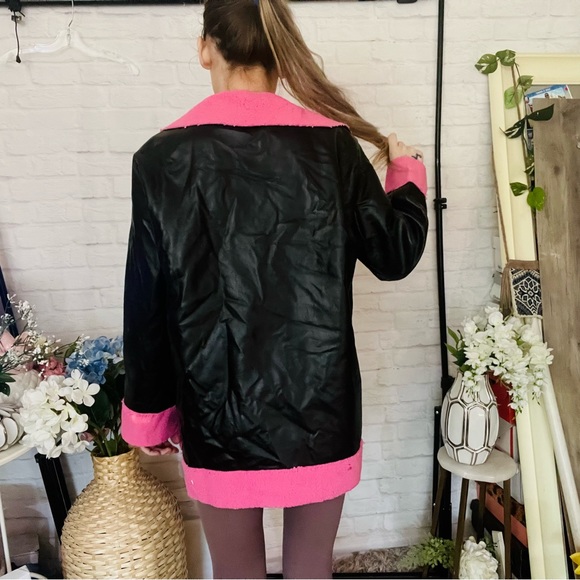 Black Leather Pink Sherpa Coat - Picture 6 of 13